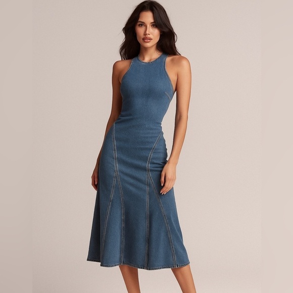 Future Collective Racerback Denim Midi A-Line Dress Medium Wash | 4 - Picture 14 of 16